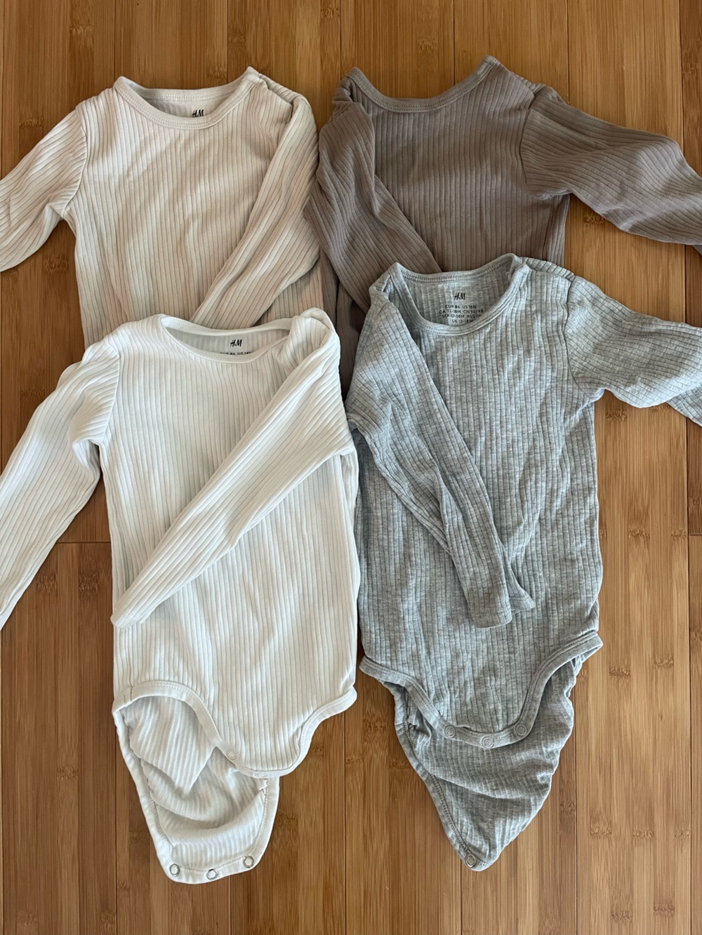H&M Ribbed Long-Sleeve Bodysuits White, Light Gray, brown and Cream Tones